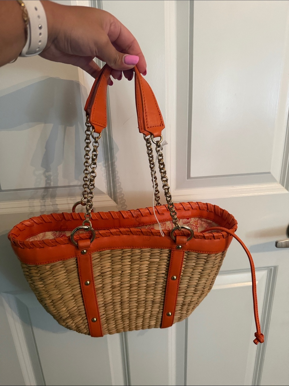Woven Straw Tote with Orange Trim - Women Bags